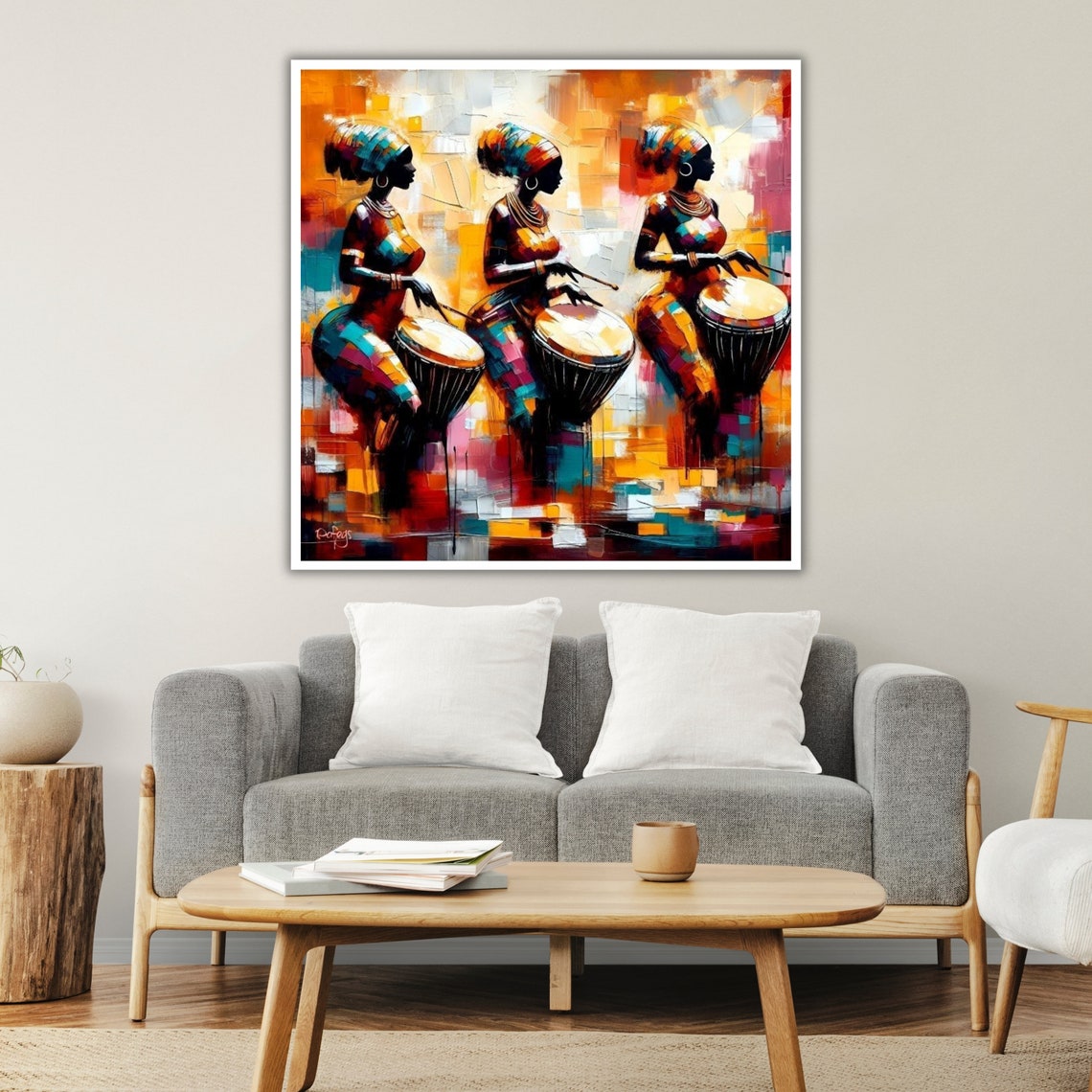 African Women Djembe Drummers Mosaic Palette Knife Music Wall Art - Image 3