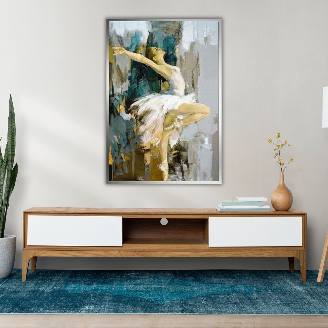 Ballerina White Tutu Leaping Teal Abstract Background Dynamic Dance Art Print - Image 2