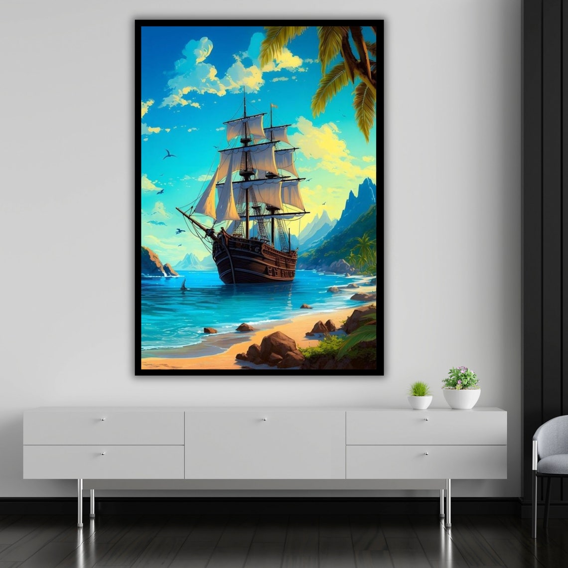 Tall Pirate Ship Anchored Tropical Beach Lagoon Adventure Art Print - Image 5