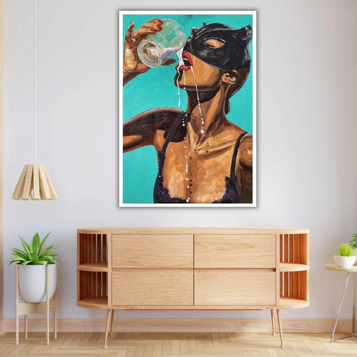 Masked Woman Drinking Milk Pop Art Painting With Cat Mask Turquoise Print - Image 4