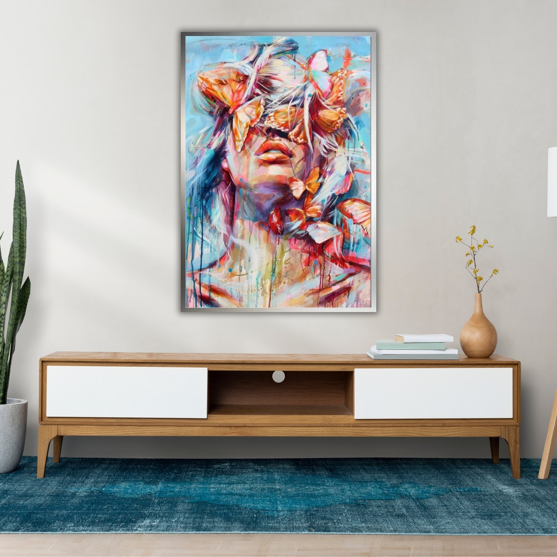 Dreamy Woman Face With Butterflies Watercolor Floral Art Wall Poster - Image 2