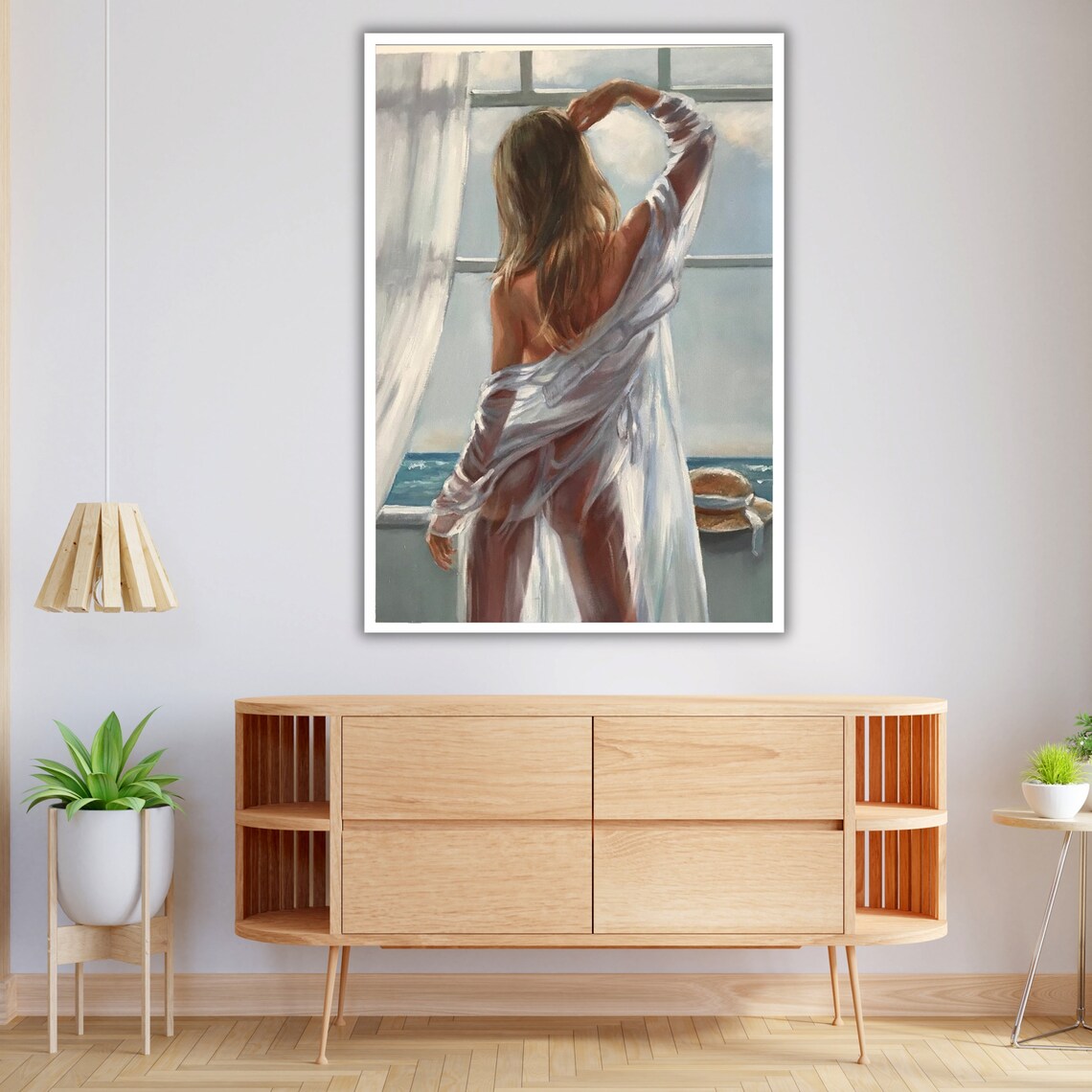 Woman At Open Window With Ocean View White Sheer Dress Seaside Art Print - Image 4