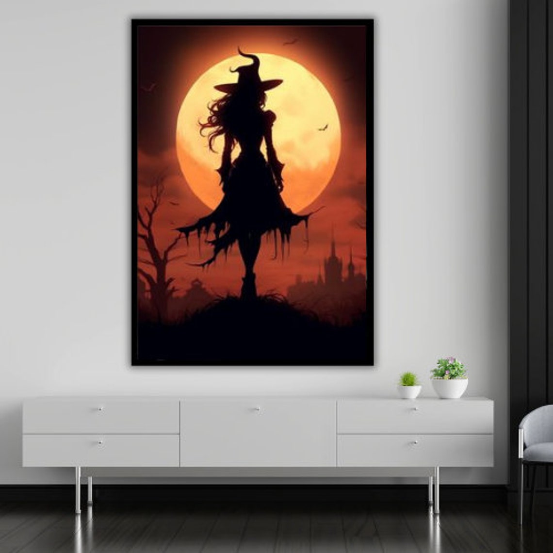 Witch Silhouette Against Giant Harvest Moon Spooky Halloween Art Print - Image 4