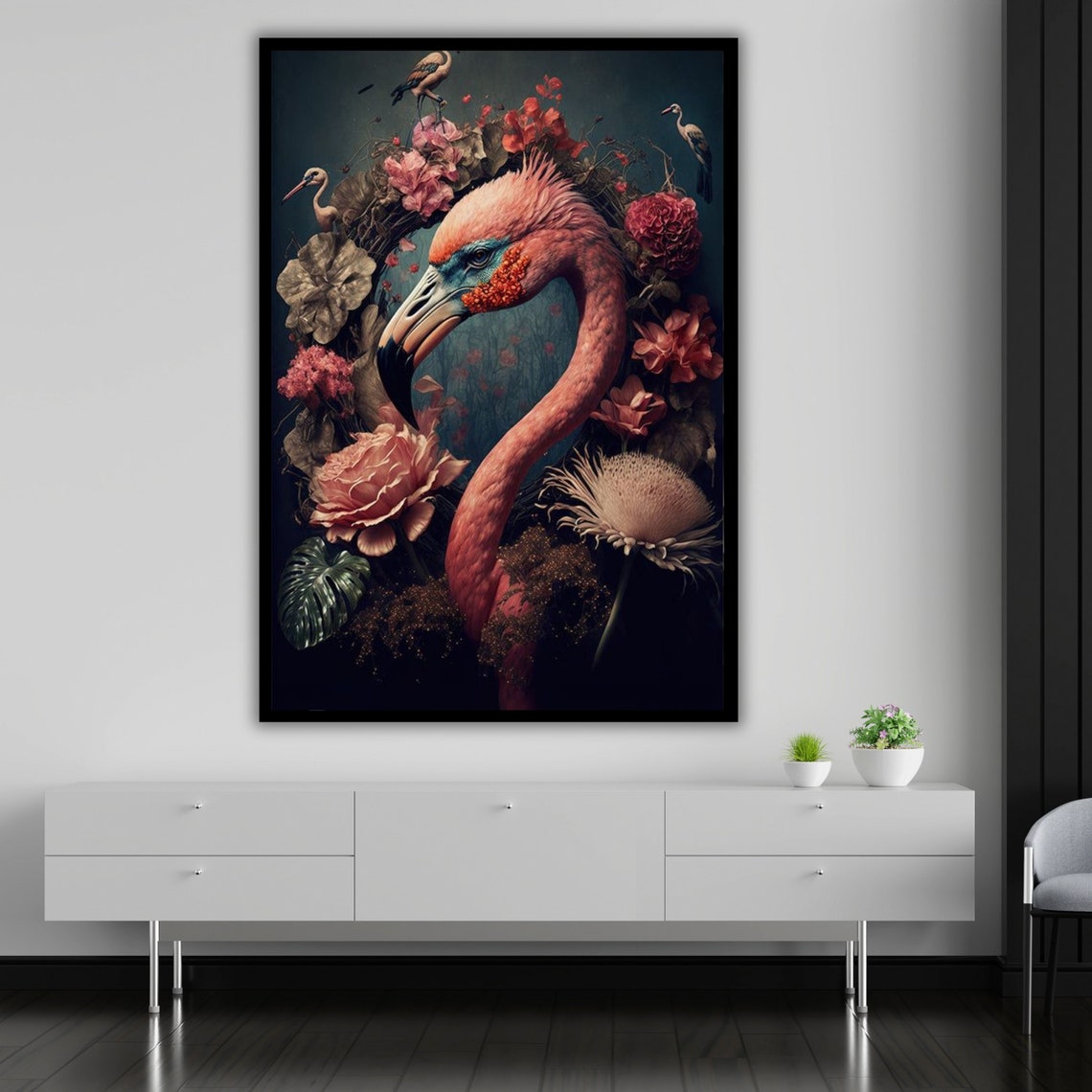 Elegant Flamingo With Lush Floral Bloom Dark Botanical Art Wall Poster - Image 5