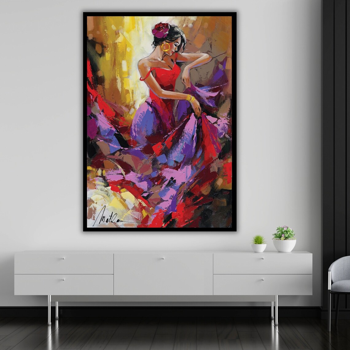 Flamenco Dancer Swirling Red Purple Dress Impressionist Painting Art Poster - Image 3