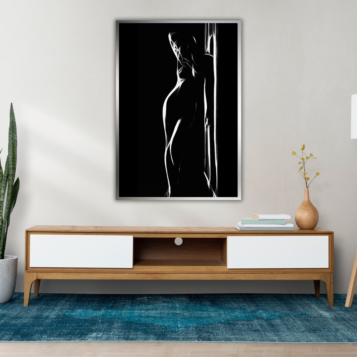 Minimalist White Line Female Silhouette Black Background Elegant Modern Print - Image 2