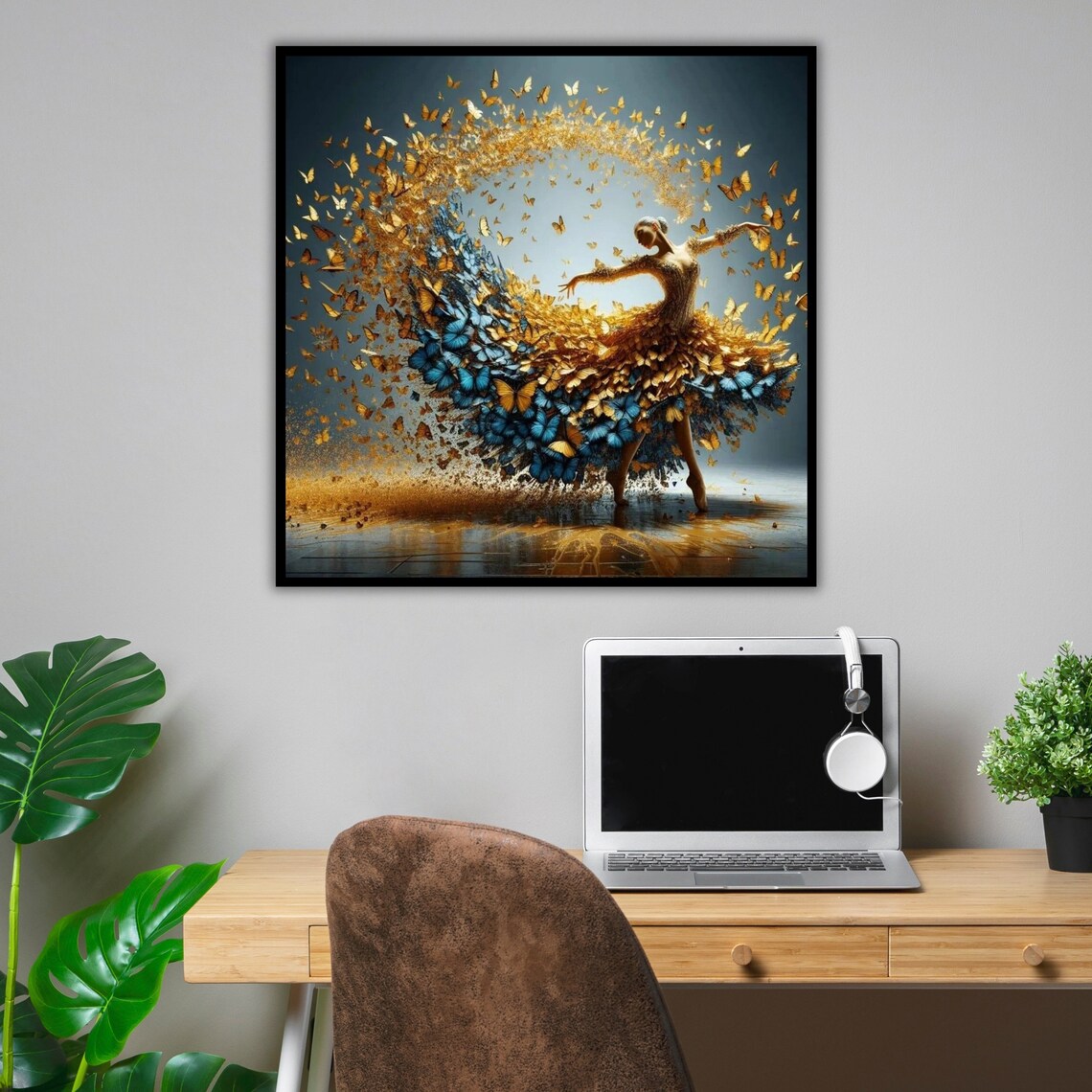 Ballerina Golden Blue Butterfly Swirl Dress Ballet Art Print - Image 4