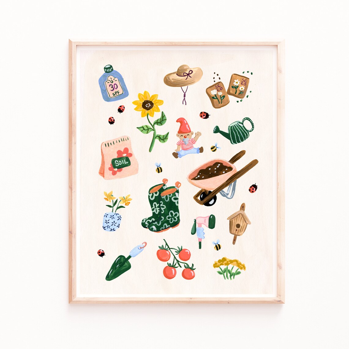 Garden Gnome Illustration, Gouache Spring Art Print