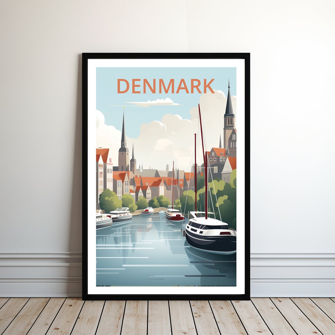Denmark Canal Sailboats Red Roof Old Town Harbor Travel Poster