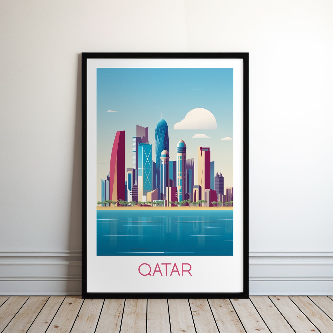 Qatar Modern Waterfront City Skyline Sunset Travel Art Poster