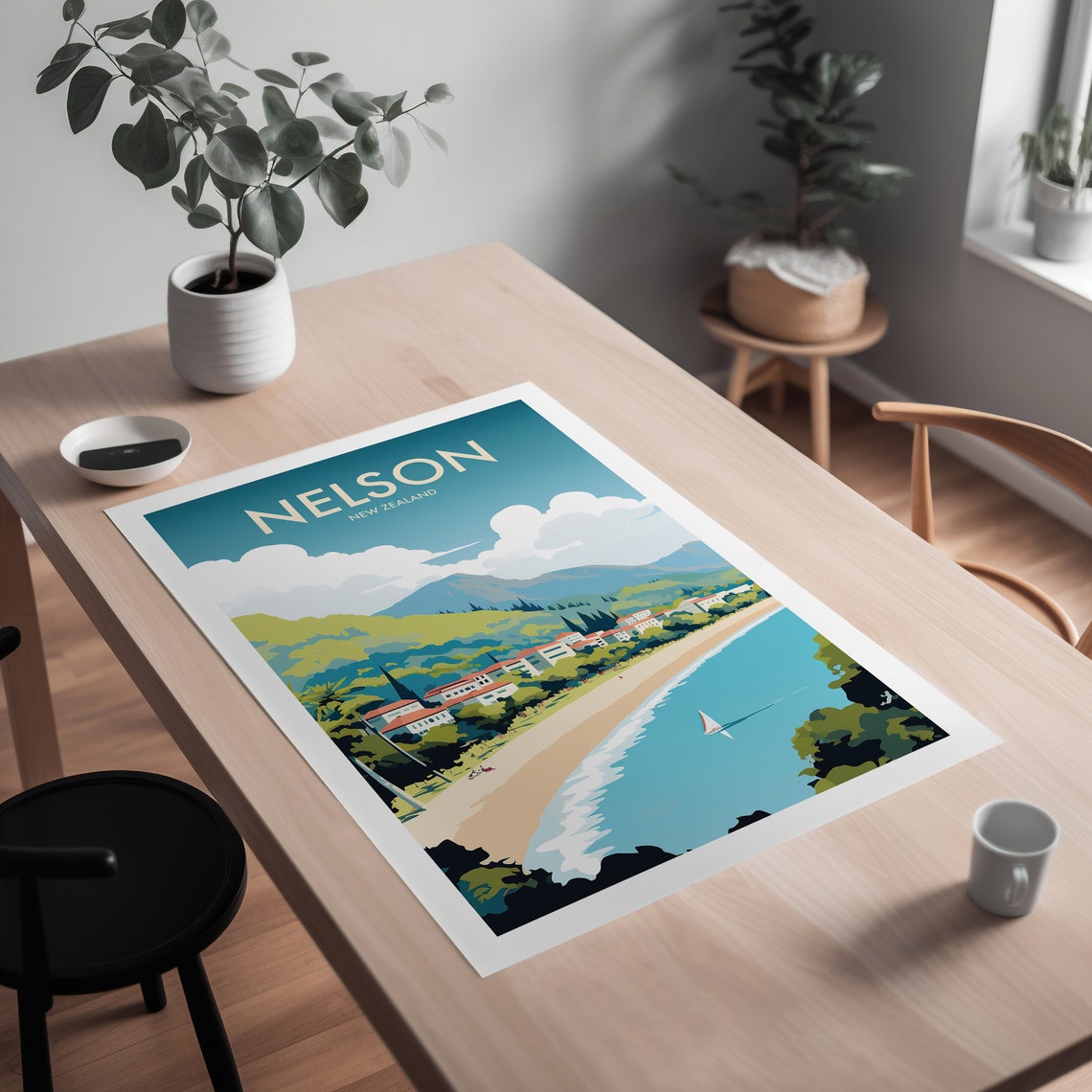 Nelson New Zealand Beach Sailboat Bay Hillside Town View Poster - Image 2