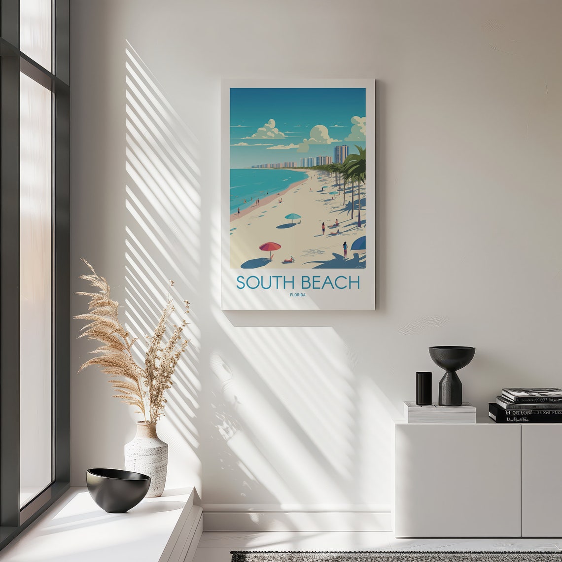South Beach Florida White Sand Palm Umbrella Travel Art Poster - Image 2