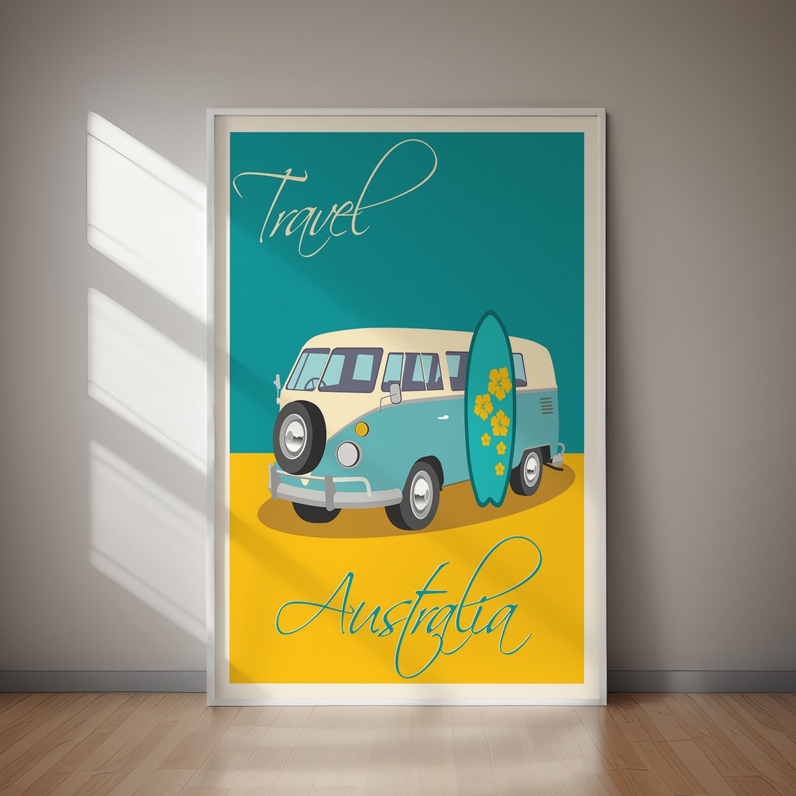 Travel Australia Retro Camper Van Surfboard Beach Road Poster