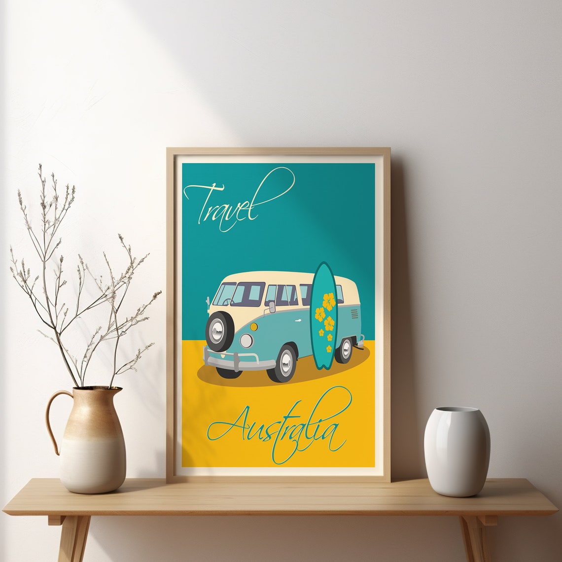 Travel Australia Retro Camper Van Surfboard Beach Road Poster - Image 2