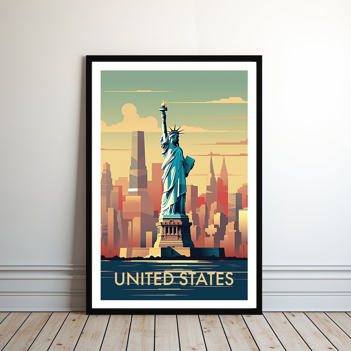 United States Statue of Liberty Retro Skyline Art Travel Poster