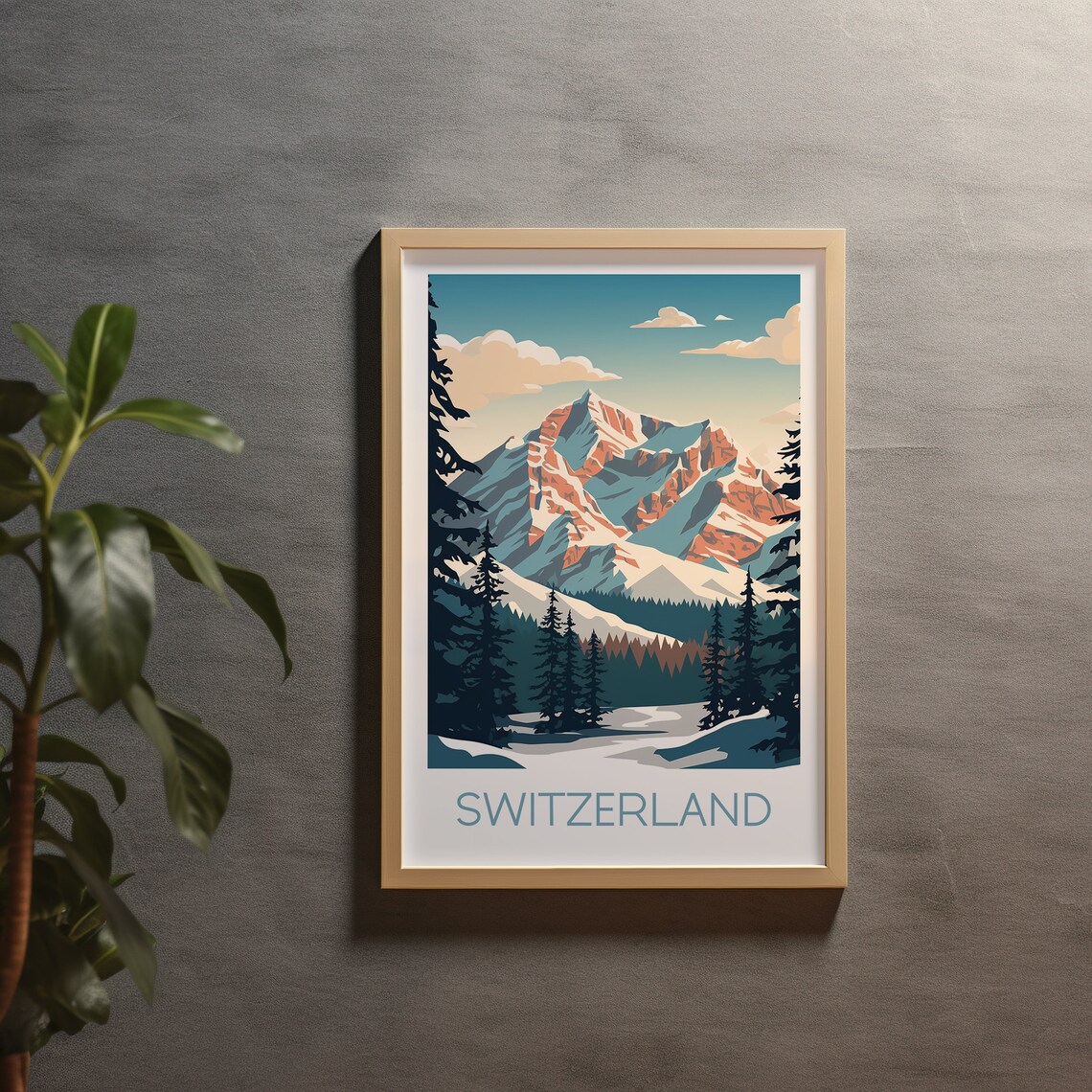 Switzerland Snowy Alpine Mountain Pines Vintage Travel Poster
