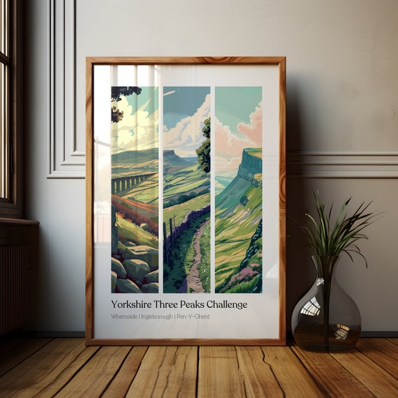 Yorkshire 3 Peaks Challenge Print Ingleborough Whernside Pen Y Ghent Poster 3 Peaks Wall Art Hiking Gift Mountain Decor