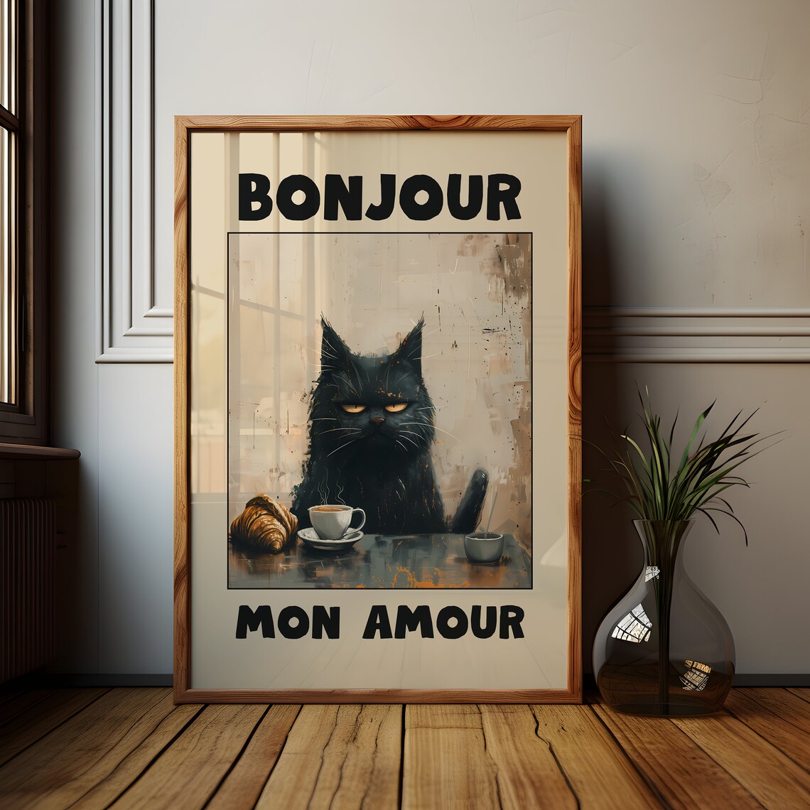 Grumpy Black Cat Bonjour Mon Amour Painted Cafe Style Art Print