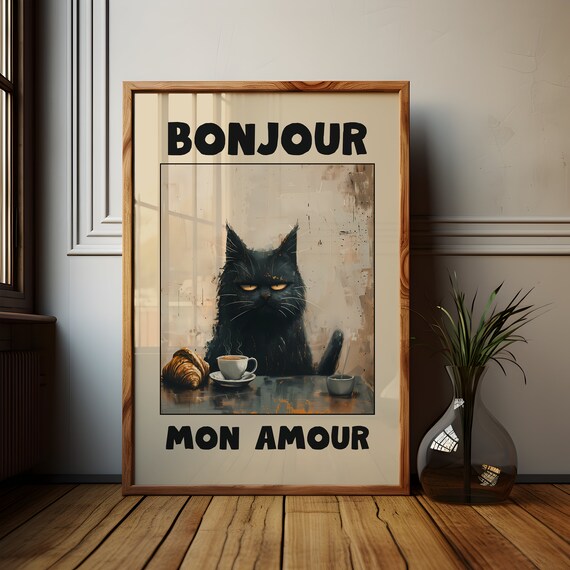 Grumpy Black Cat Bonjour Mon Amour Painted Cafe Style Art Print