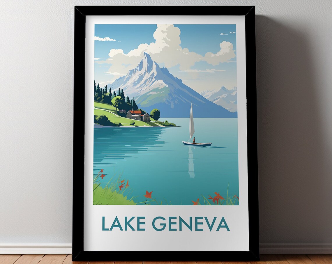 Lake Geneva Switzerland Sailing Alpine Lake Travel Art Poster