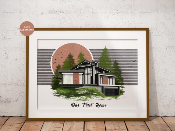 Custom Modern House Portrait Illustration Sunset Scene Poster