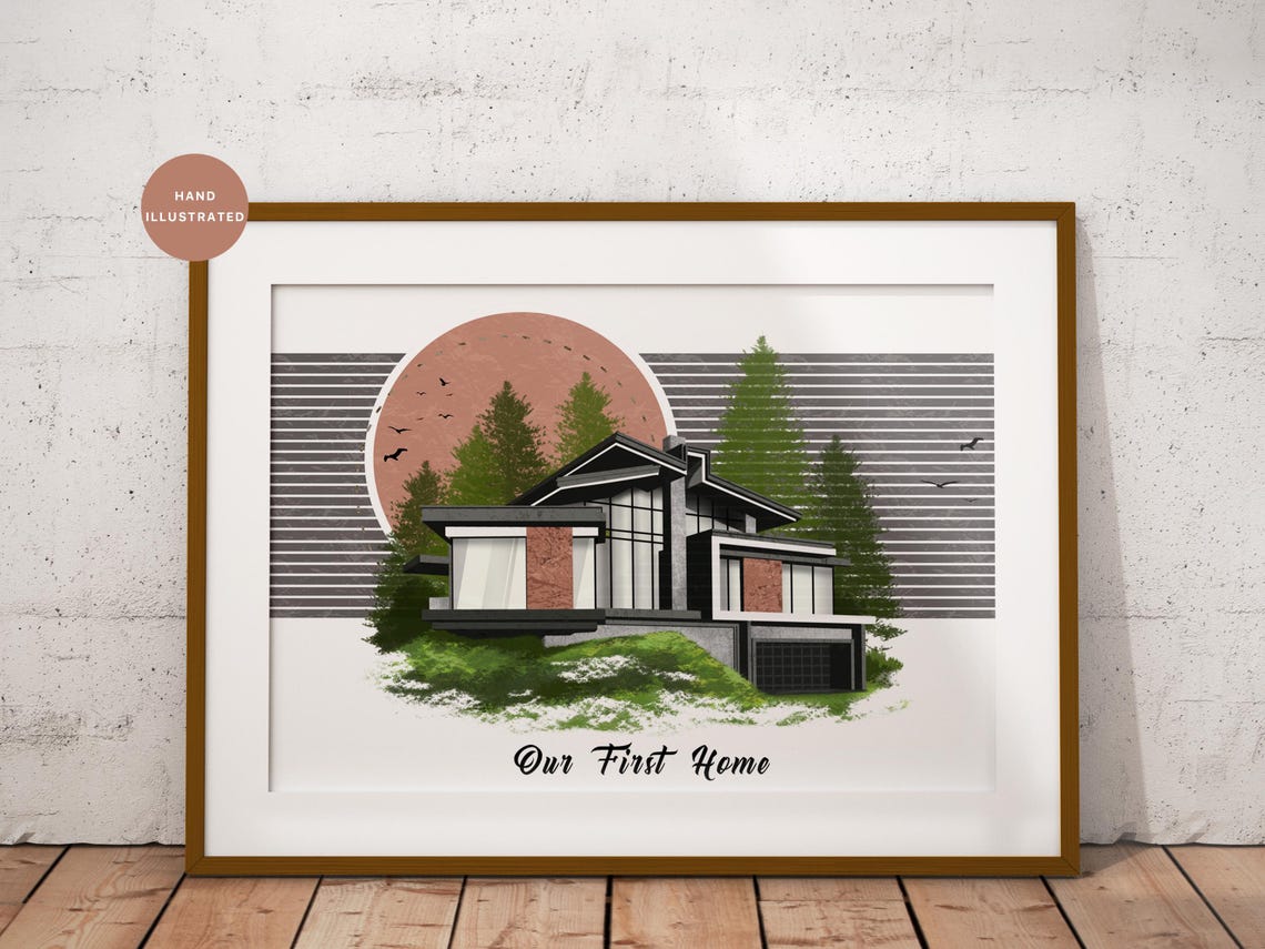 Custom Modern House Portrait Illustration Sunset Scene Poster