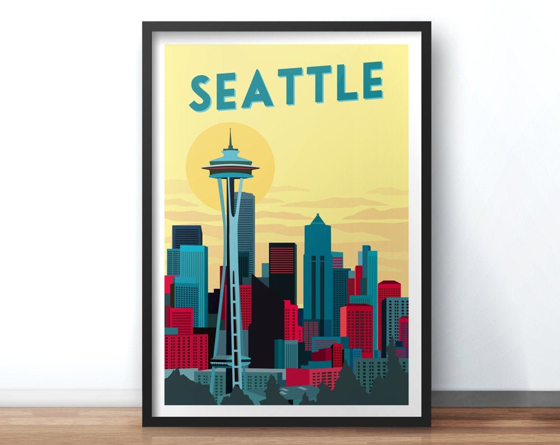 Seattle Space Needle Sunset Skyline Retro Washington Travel Poster