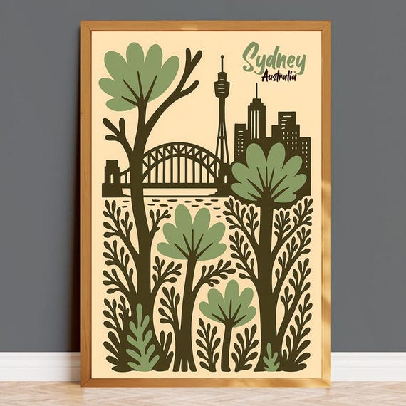 Sydney Australia Poster Vintage Paper Cut Folk Art Print Harbour Bridge Wall Minimalist Travel Decor Australiana Cityscape Design