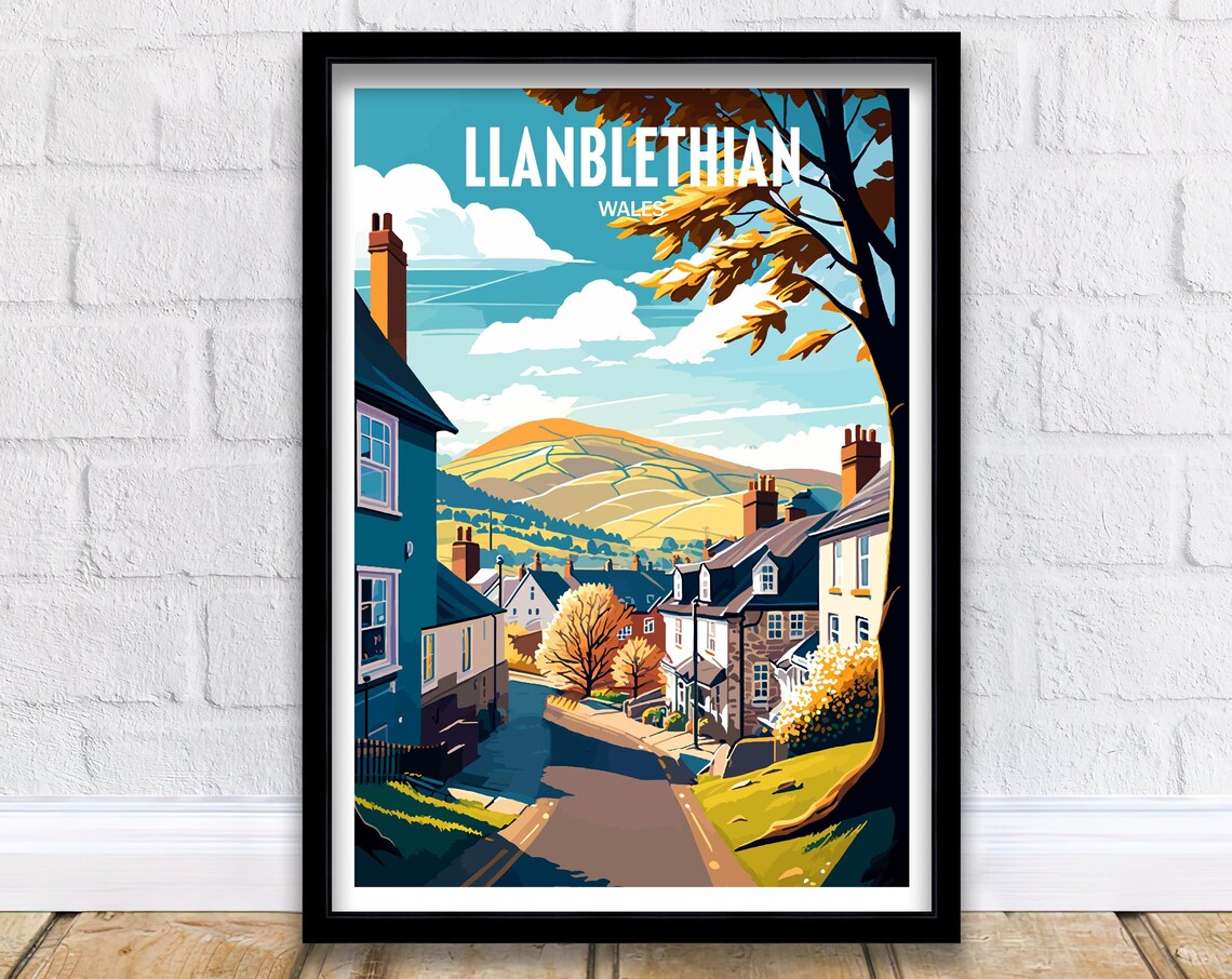 Llanblethian Wales Village Street Poster Cottage Hills Vintage Travel