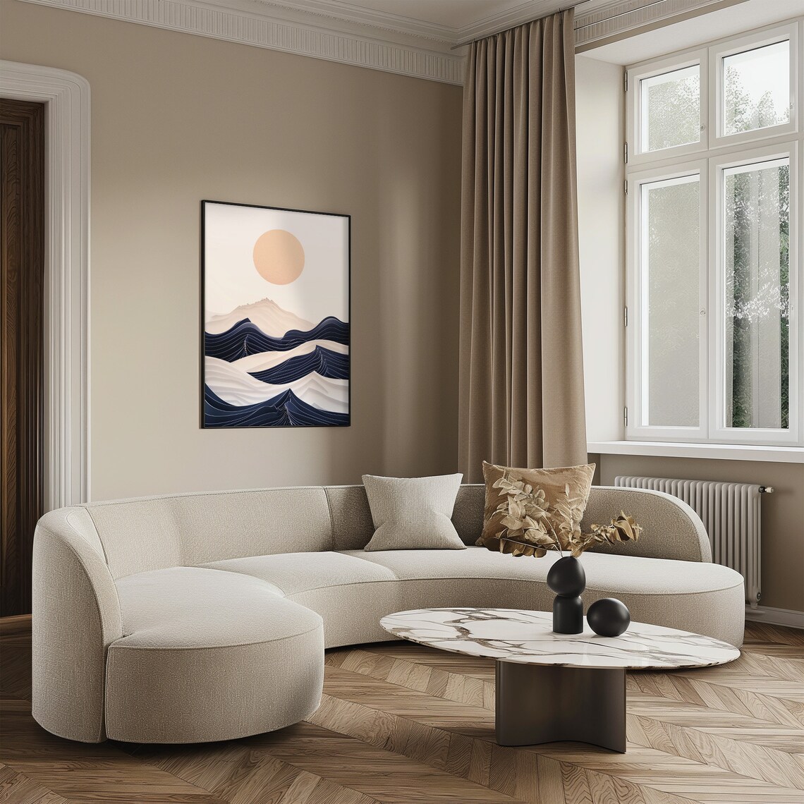 Layered Paper Cut Ocean Waves Cream Sun Minimal Coastal Poster - Image 3
