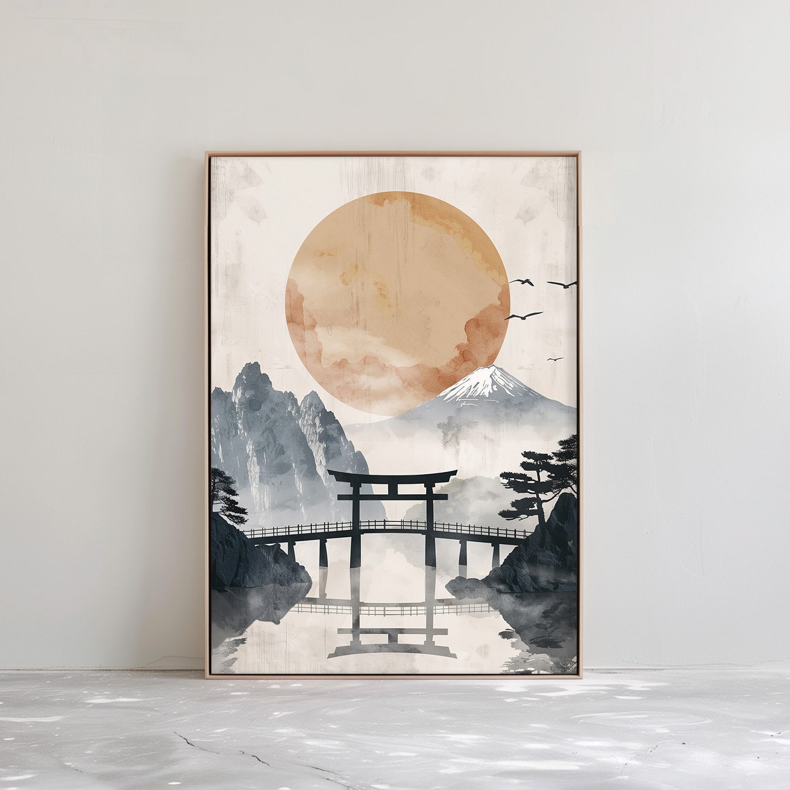 Japanese Torii Gate Mount Fuji Rising Sun Ink Wash Art Poster