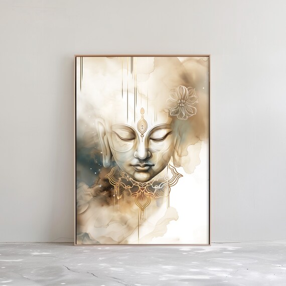 Serene Buddha Face Gold Mandala Spiritual Watercolor Art Poster