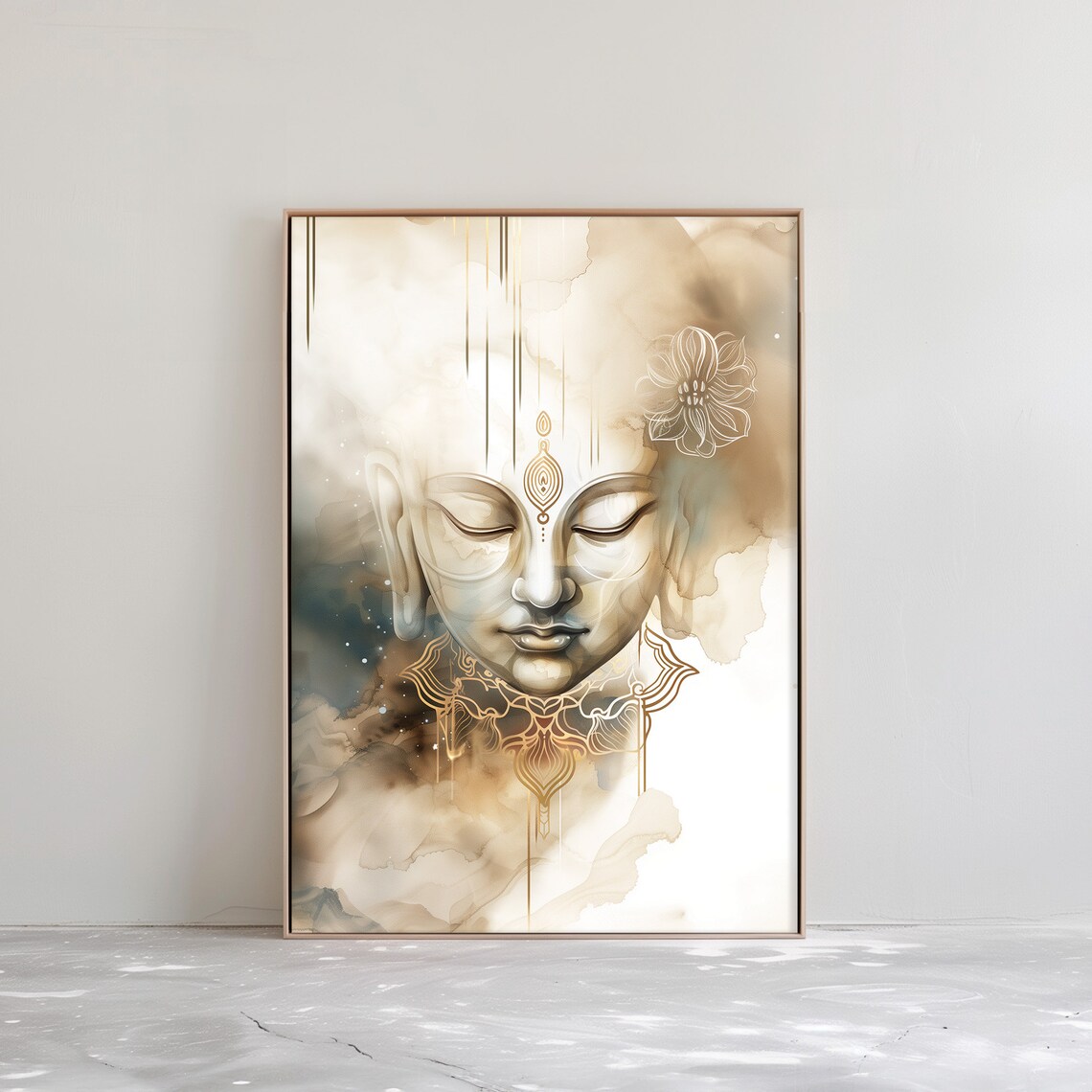 Serene Buddha Face Gold Mandala Spiritual Watercolor Art Poster