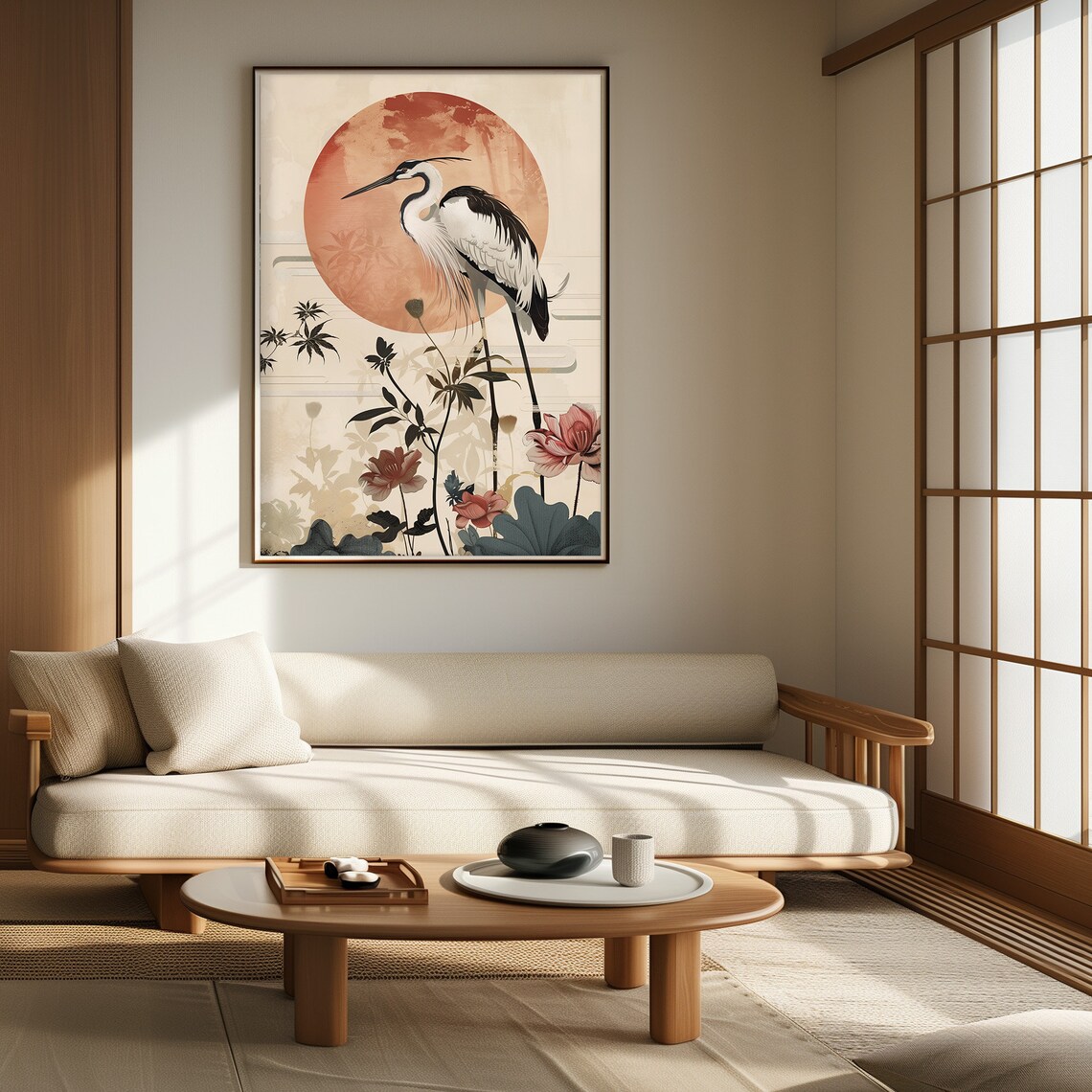 White Heron Lotus Flowers Large Red Sun Japanese Style Poster - Image 3