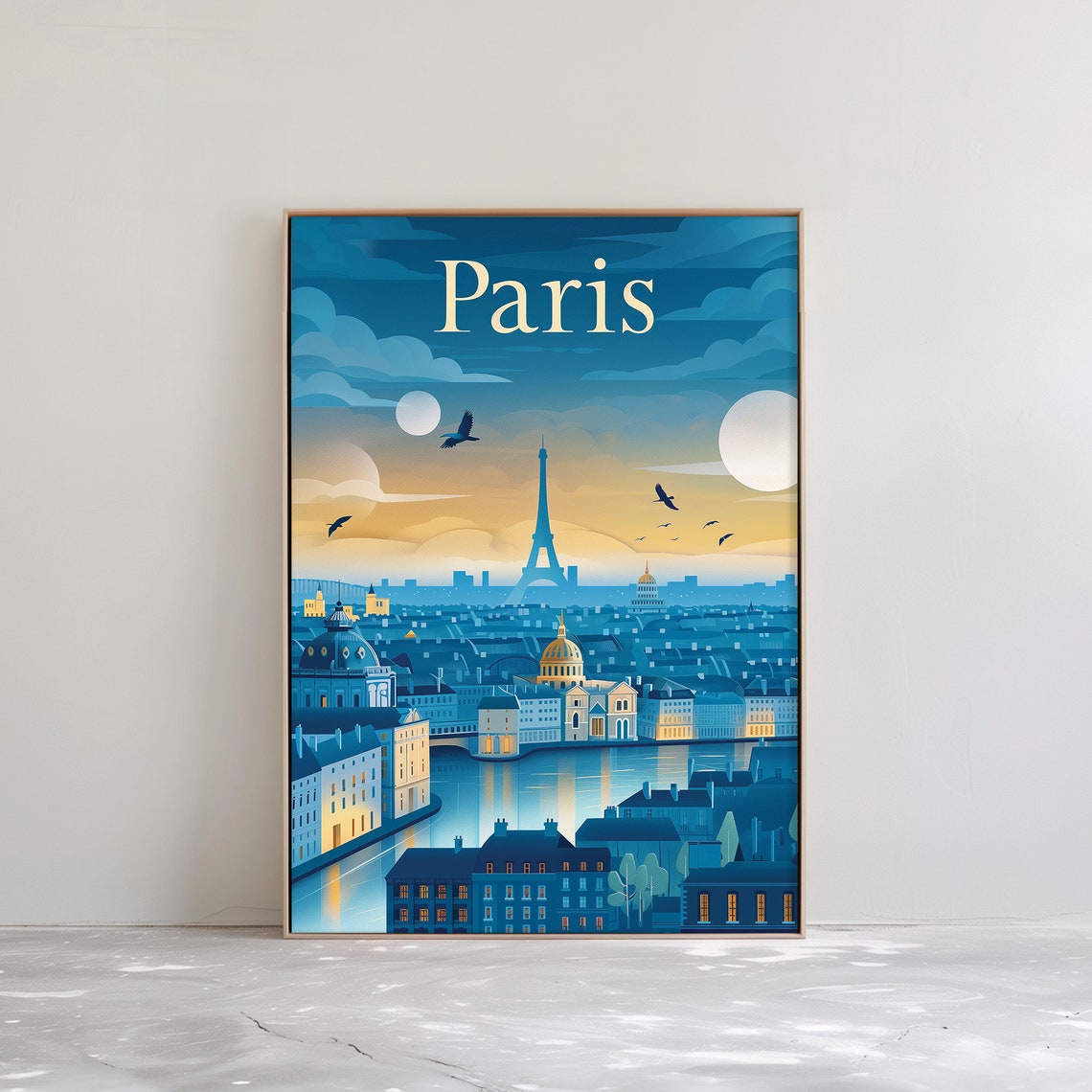 Paris France Eiffel Tower Night Seine Moonlit Vintage Travel Poster