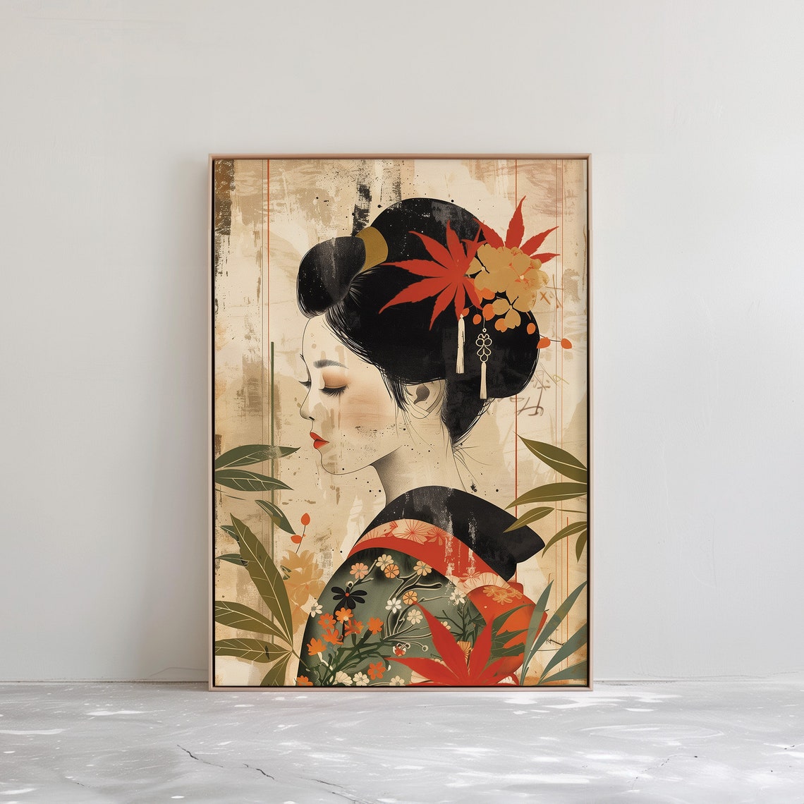 Japanese Geisha Portrait with Maple Leaves Kimono Art Poster