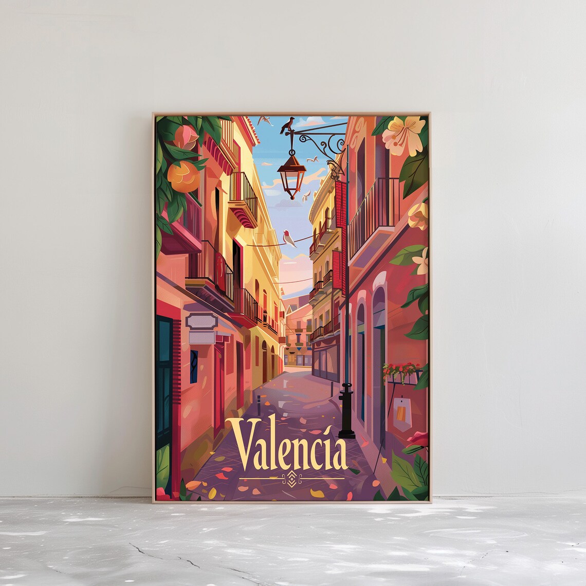 Valencia Spain Old Town Colorful Street Lantern Travel Poster