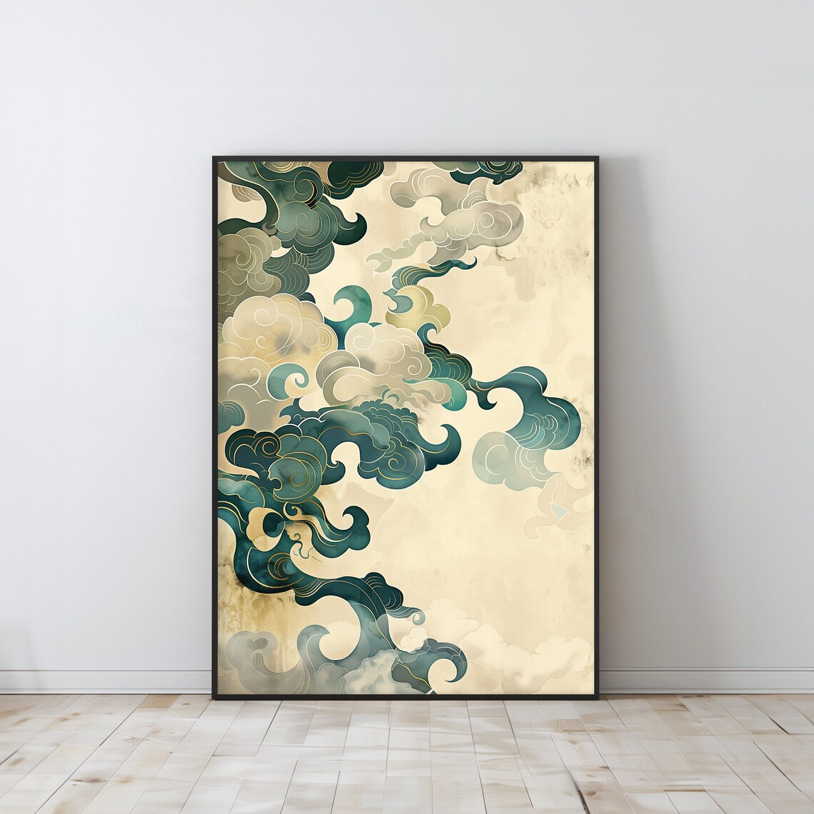 Japanese Teal Cloud Swirls Abstract Asian Wave Gold Art Poster - Image 3