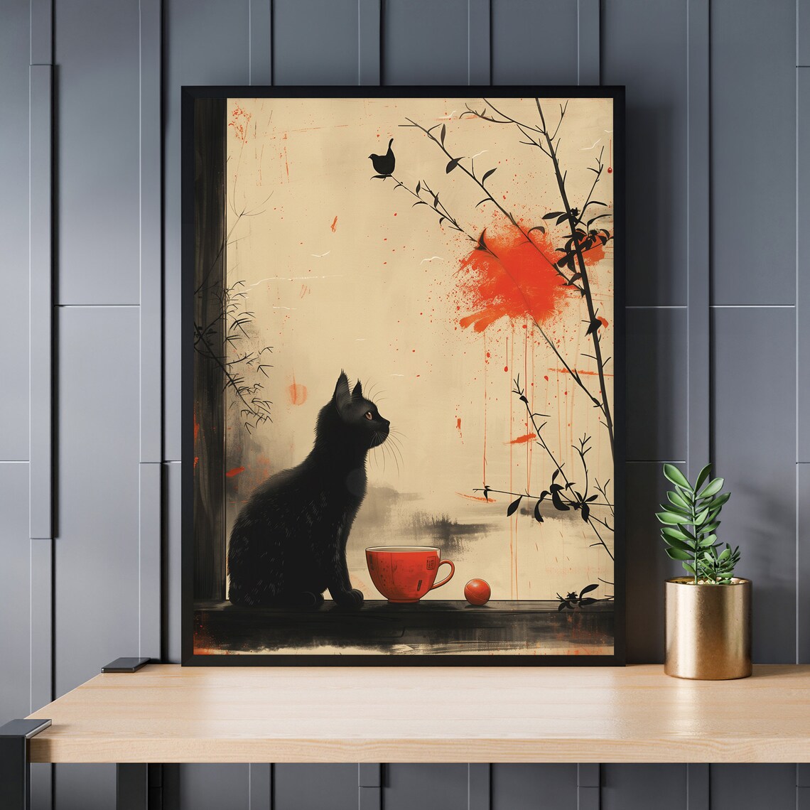 Black Cat Red Cup Ink Wash Bamboo Bird Minimal Asian Art Poster - Image 3