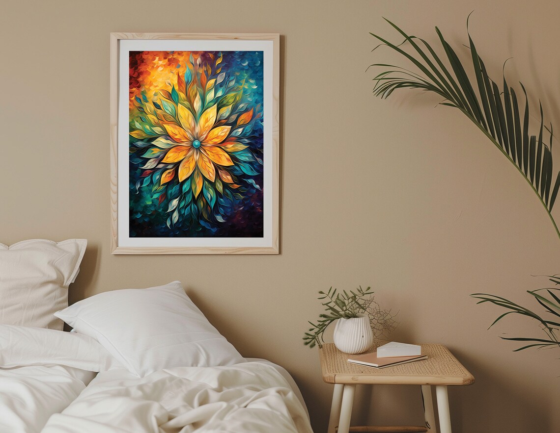 Golden Floral Mandala Abstract Oil Painting Vibrant Colorful Poster - Image 2