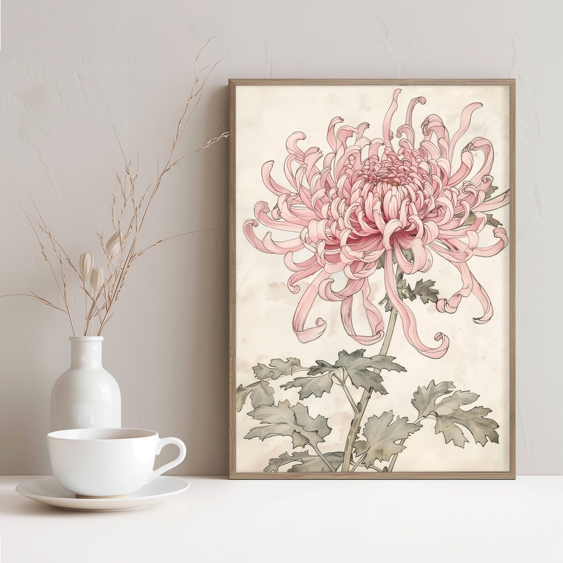 Pink Chrysanthemum Bloom Japanese Botanical Watercolor Poster - Image 2