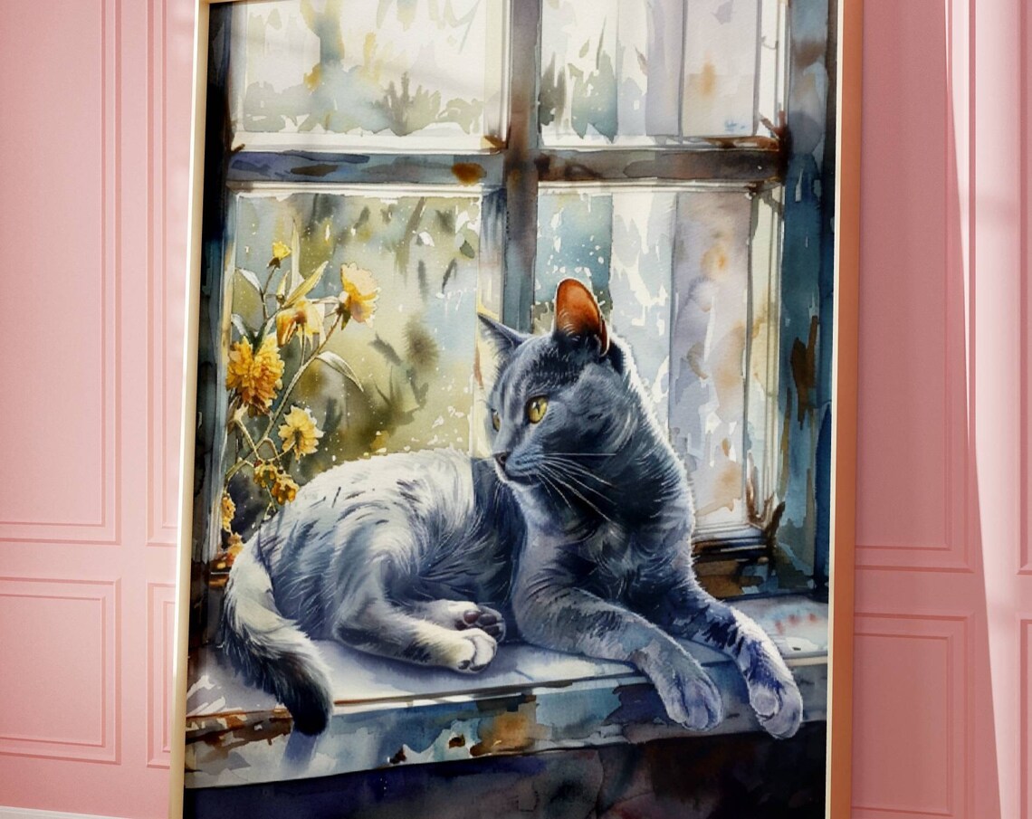 Russian Blue Cat in Window, Cat Wall Art Print