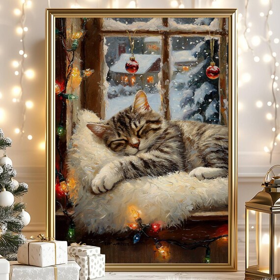 Gray Tabby Cat Christmas Poster, Festive Holiday Decor