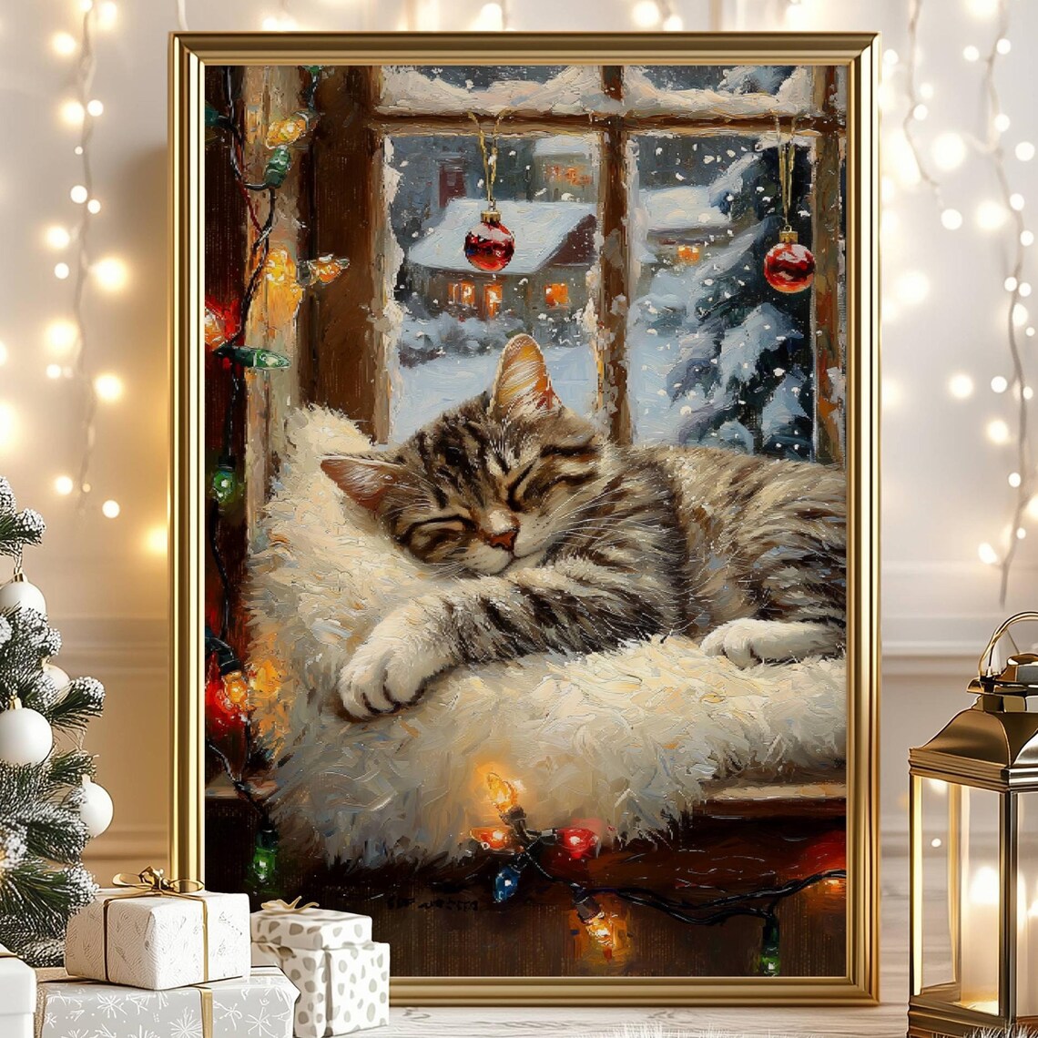 Gray Tabby Cat Christmas Poster, Festive Holiday Decor