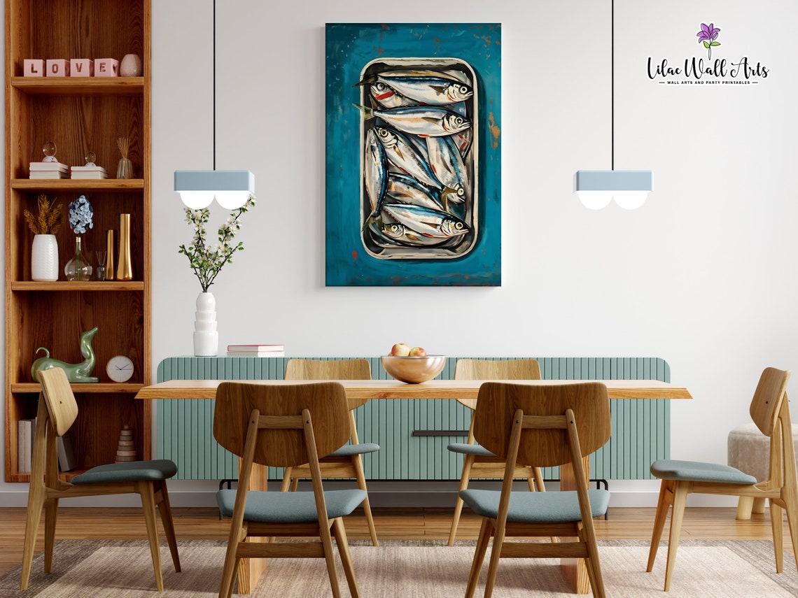Sardine Tin Painting Poster Teal Kitchen Fish Art Coastal Decor - Image 5