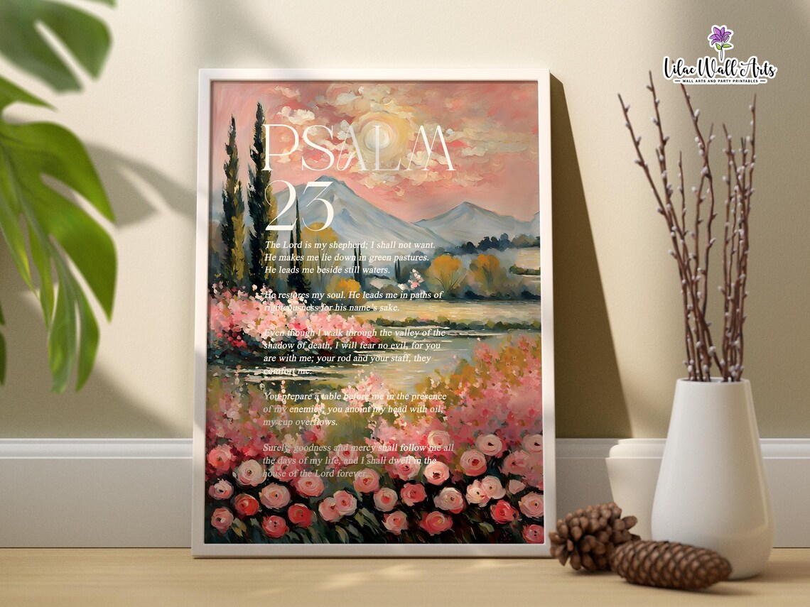 Psalm 23 The Lord Is My Shepherd Pink Floral Landscape Scripture Poster - Image 3