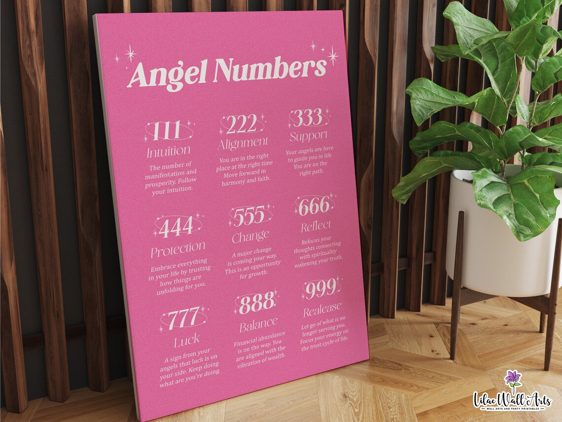Angel Numbers 111 to 999 Meanings Chart Pink Canvas Art Poster