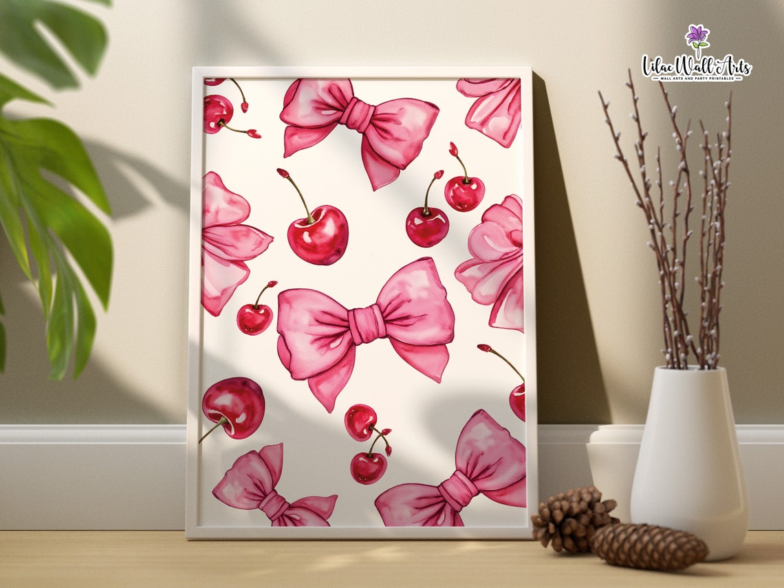 Pink Bow Cherry Pattern Watercolor Coquette Room Decor Poster - Image 7
