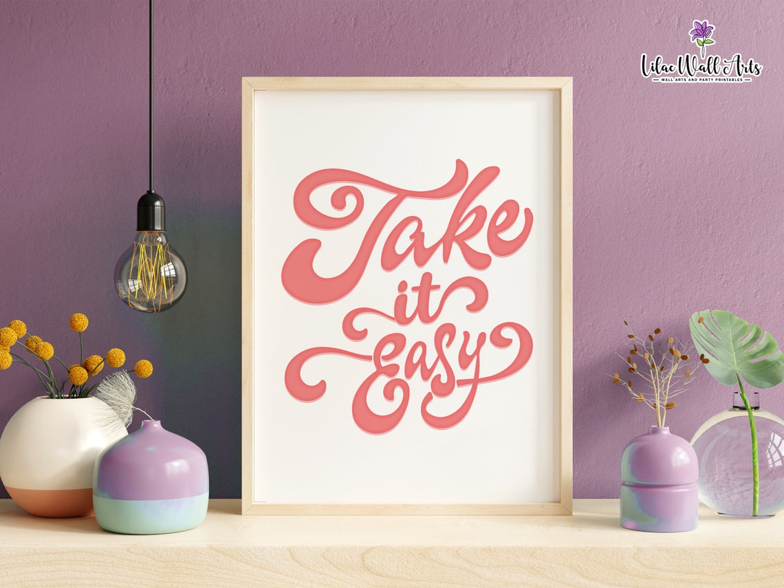 Take It Easy Retro Coral Script Inspirational Quote Wall Art - Image 6