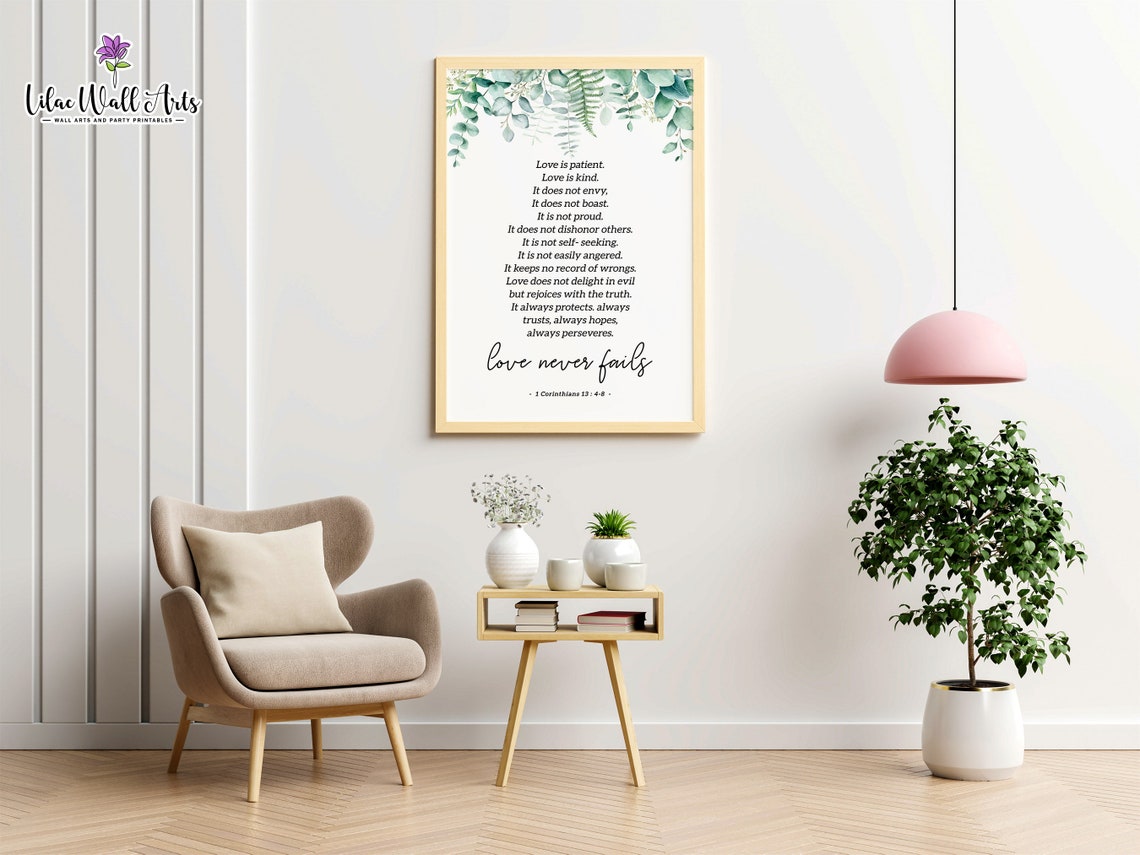Love Never Fails 1 Corinthians Botanical Eucalyptus Scripture Print - Image 4